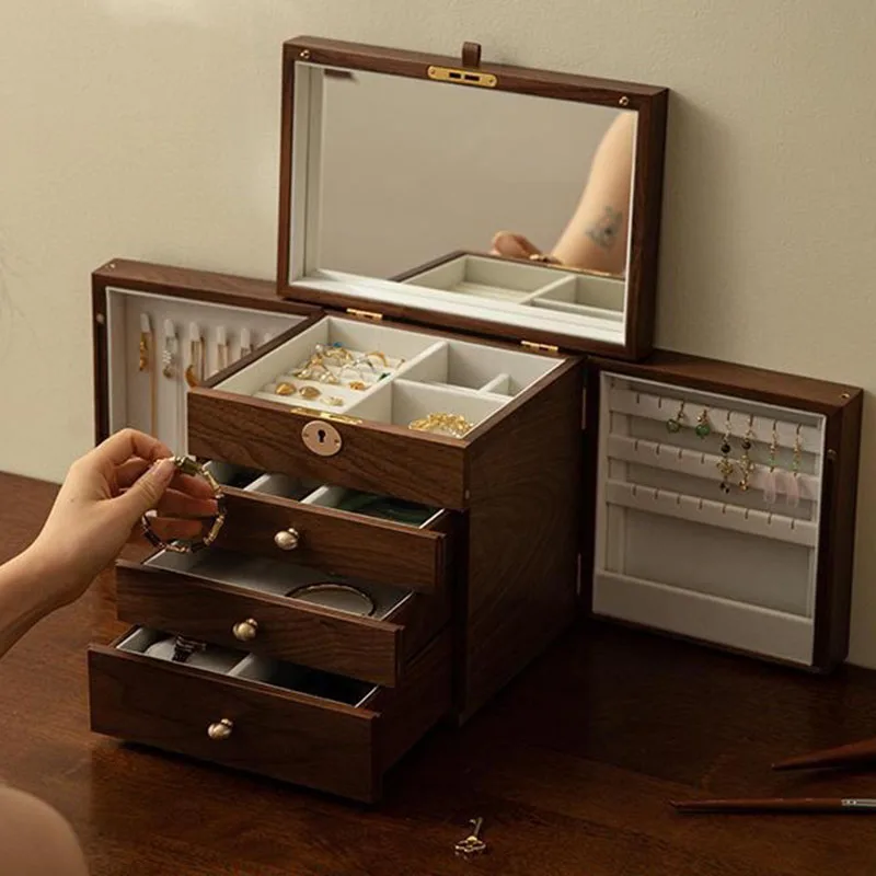 

Wooden Jewelry Storage Box Luxury Necklace Earring Organizer Case Lockable Jewelry Cases Fashion Ring Trinkets Storages Boxes