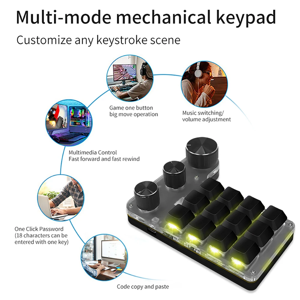 RGB Mechanical Keyboard with Macro Programming 12 Keys 3 Knob Custom Gaming Keypad for Copy Paste Photoshop Hotswap Macropad