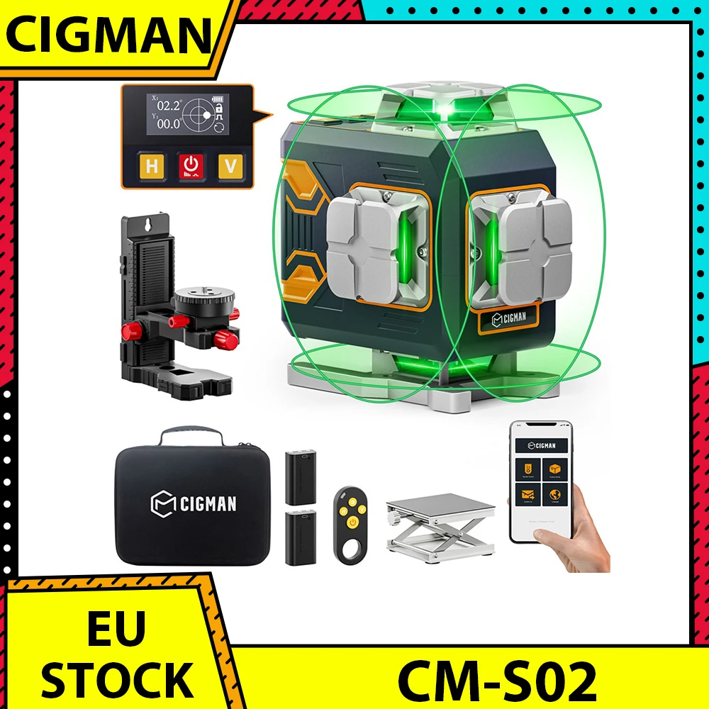 CIGMAN CM-S02 4x360 °   Niveau laser 16 lignes - Contrôlé par application, écran LCD, autonomie ultra-longue de 40h