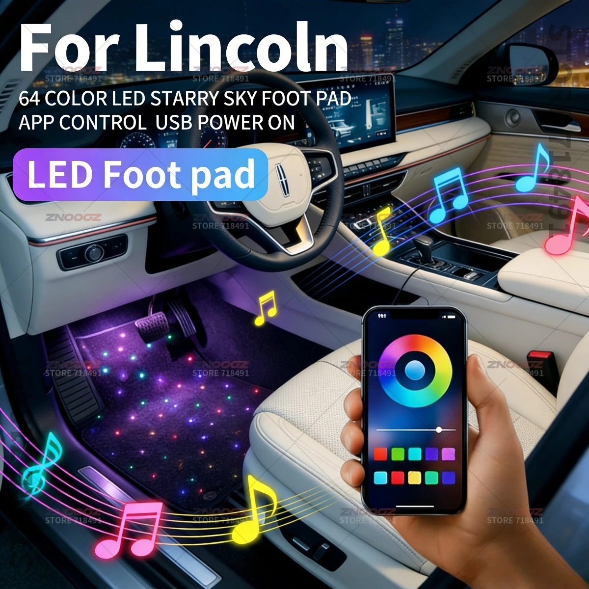 For Lincoln Navigator Aviator Nautilus Corsair Continental MKZ MKT MKC USB Car LED Starry Sky Foot Mat DIY Can Be Cut