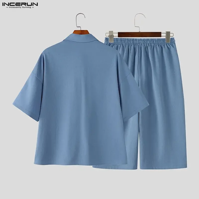 INCERUN Men's Sets Solid Lapel Short Sleeve Shirt Pants Two Piece Sets Streetwear Loose 2026 Summer Fashion Men Matching Sets view 5