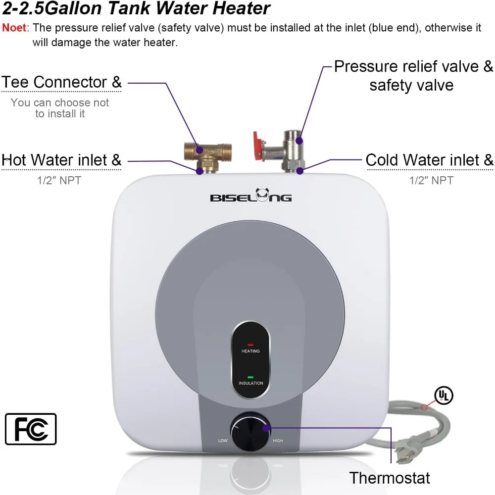 Petit chauffe-eau électrique instantané sous évier, 110-120V, 1440-1500W, 2.5 gallons, stockage de l'eau chaude