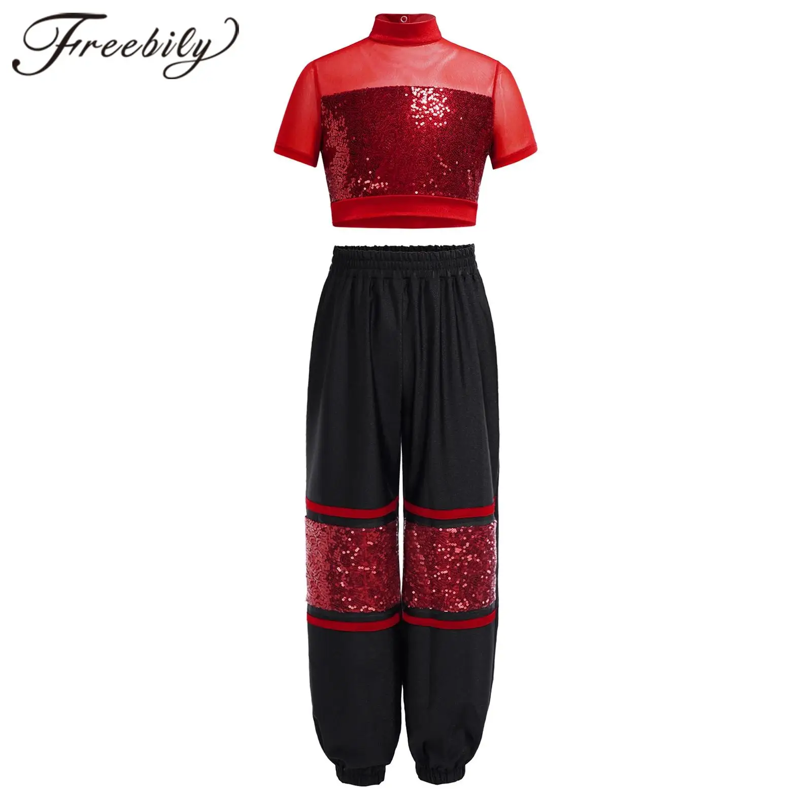 

Kids Girls Sparkling Dancewear Sets Sequin Hip Hop Clothes Set Jazz Dance Outfit Mock Neck Mesh Patchwork Crop Top with Pants