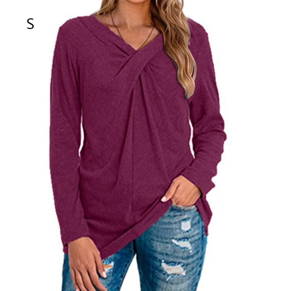 Damska koszulka z dekoltem w serek, bluzka z długim rękawem, jednolita, w kolorze burgundowym, rozmiar L