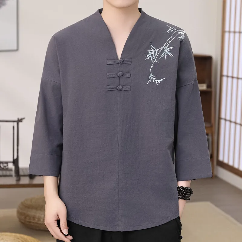 Stylish Men's Loose-Fit Bamboo Leaf Embroidered Zen Robe - Traditional Chinese Kung Fu Meditation Clothing, Breathable & Elegant