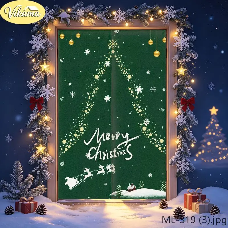 Minimalist Green Christmas Japanese-Style Half-Door Curtain, “Merry Christmas” Printed Fabric Privacy Divider, Home Decor