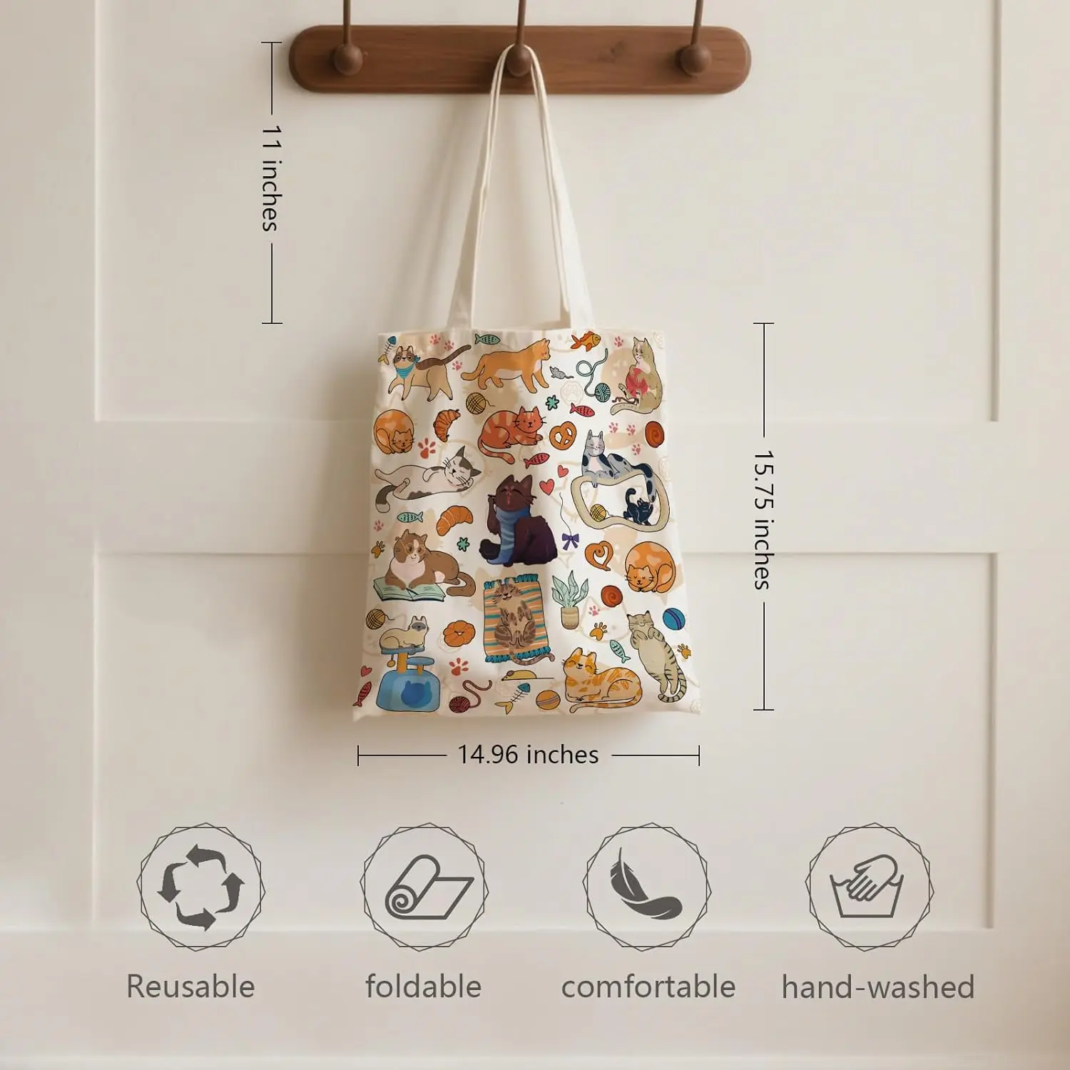 Adorable Cat Doodle Pattern Canvas Tote Bag Reusable Portable Shopping Bag For Cat Enthusiasts Daily Carry