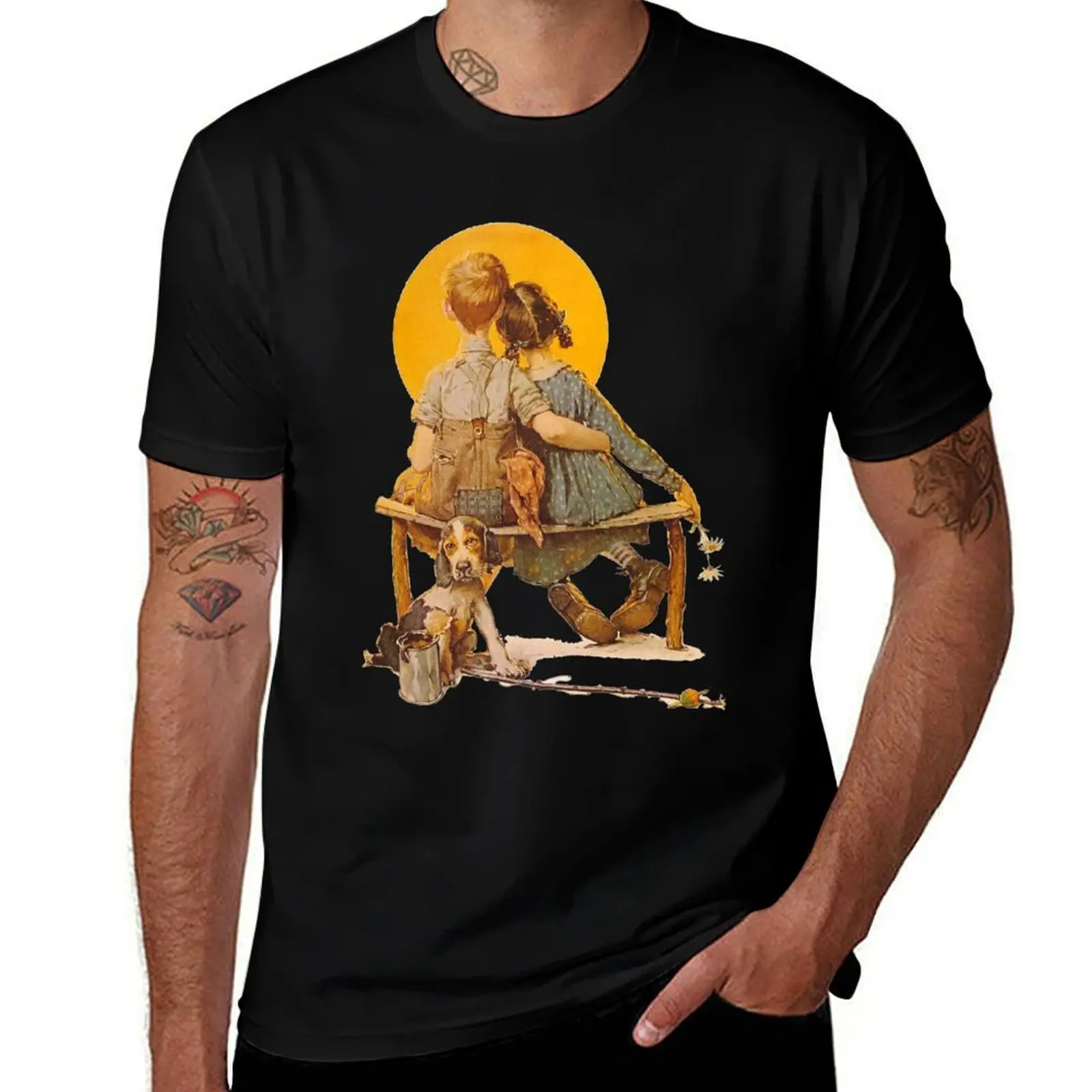 Boy and Girl Gazing at the Moon, by Norman Rockwell T-Shirt Plus Size Outdoor Casual Top