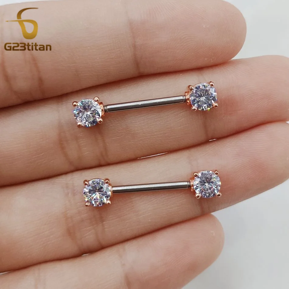 2pcs Women Sexy Jewelry 14G Bright Zircon Nipple Rings Straight Barbell Surgical Steel or Titanium Piercing Bar Beach Accessory