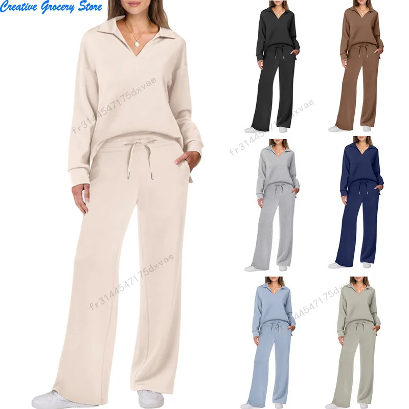 مجموعة سراويل نسائية غير رسمية جديدة للخريف والشتاء أوروبية وأمريكية بأكمام طويلة برباط بلون سادة #1