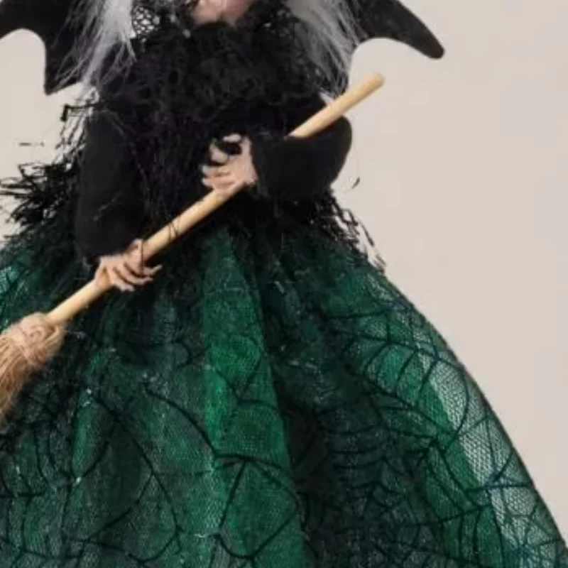 

Halloween Holiday Witch Statue Witch with Mesh Spider Web Skirt Decoration, Classic Witch Ornament for Desktop Tree Top