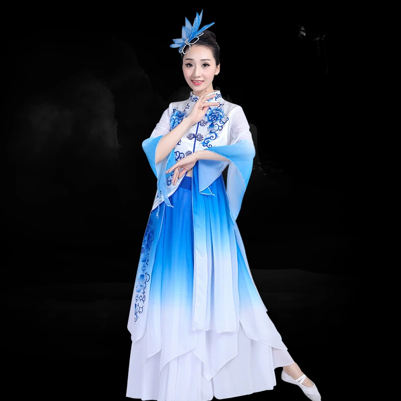 Chinese wind umbrella dance blue and white porcelain dance clothing Classical dance costumes new adult