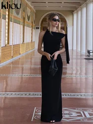Kliou Solid Elegant Long Dress Women Unique Incline Shoulder Bandage Tassel Body-shaping Vestido Mujer Simple Classic Streetwear