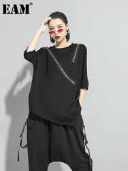 [EAM] Women Black Asymmetrical Sittch Big Size T-shirt New Round Neck Long Sleeve  Fashion Tide  Spring Autumn 2024 1S185