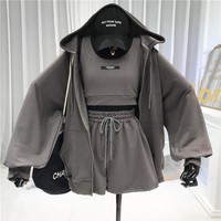 Women Sport Short Set 2025 Summer Solid Color Vest Short Hooded Zipper Jacket 3 piece Set Sportswear Tracksuit Outfit