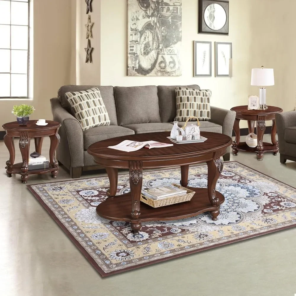 Farmhouse Style Oval and Round Coffee Table Set with Storage Shelf for Living Room, Antique Elegant Design