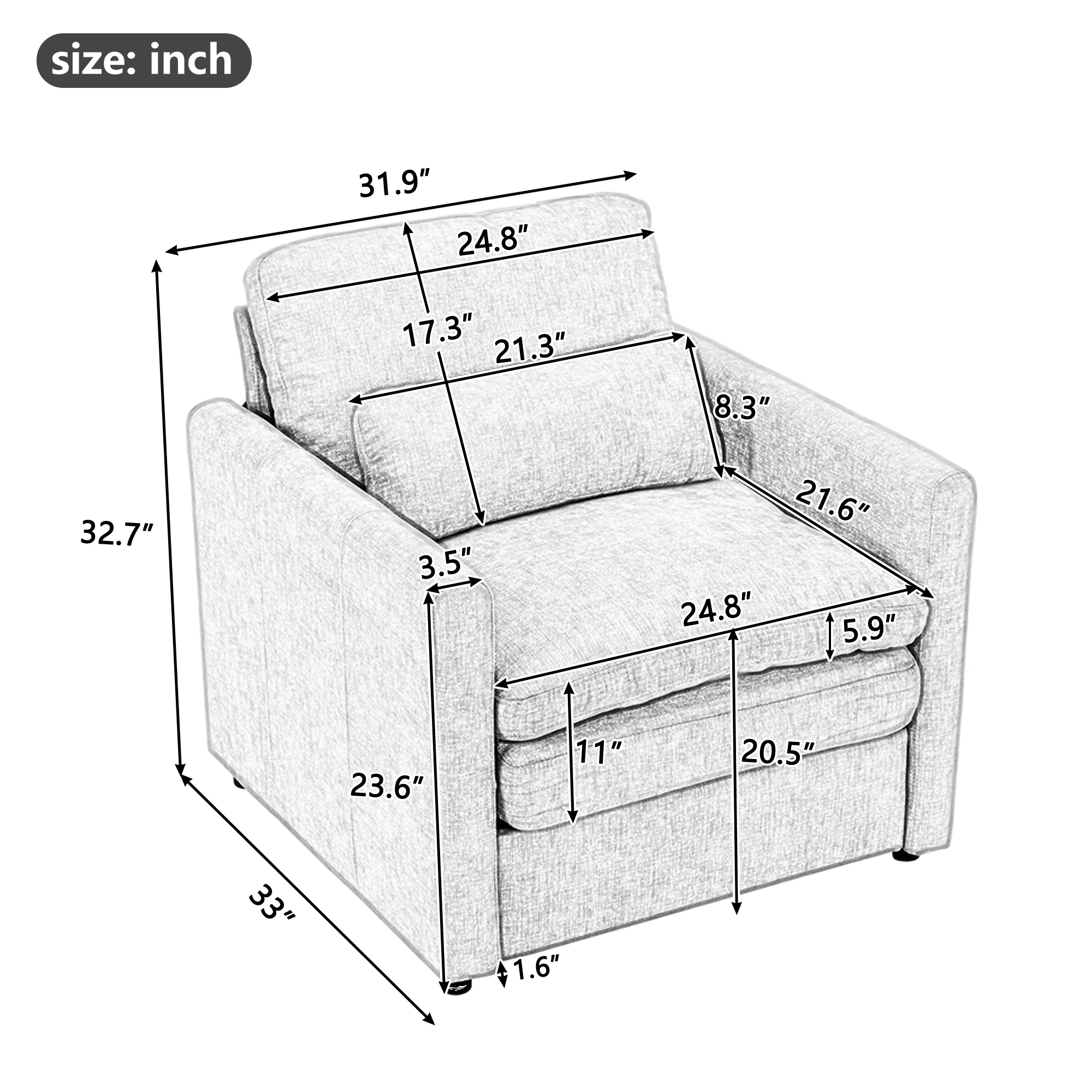 31.9-Inch Armchair Modern Single-Person Sofa Chair Deep Seat Design High-Density Thick Cushion Wide and Thick Armrests Suitable for Living Room Bedroom Reading Corner Apartment Studio