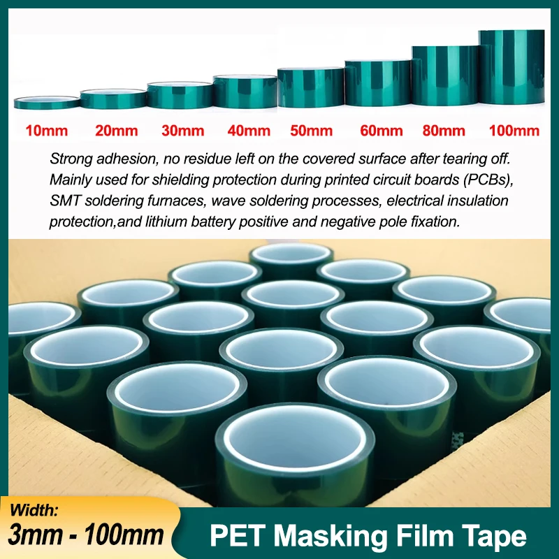 

3mm-100mm Green PET Masking Film Tape 33M/Roll Heat Resistant PCB Board Solder SMT Plating Shield Insulation Protection Tapes