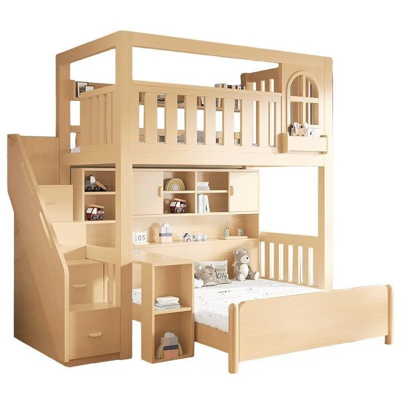 Factory Direct 2026 Solid wood bunk staggered  table cabinet combination  children high and low  small apartment bunk