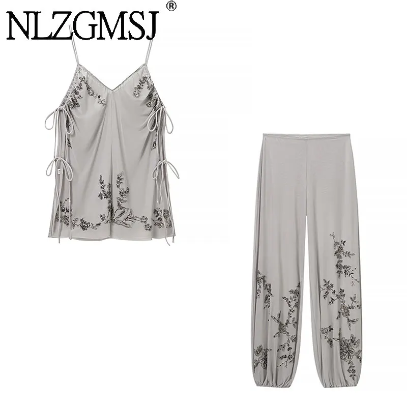 Nlzgmsj 2026 Women Sequin Embroidery Two Piece Set Spaghetti Strap Deep V Neck Side Tie Up Cami Top Lantern Loose Pants Vacation