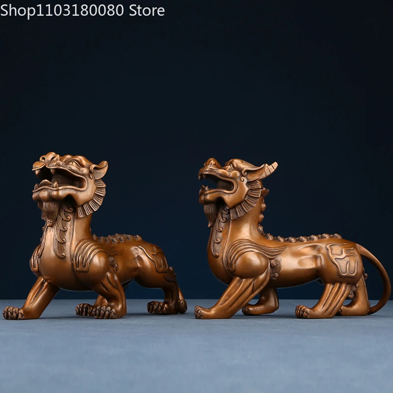 1set Red copper Carving Pixiu statue Chinese Lucky Fengshui Decor sculpture Large size,22cm,17cm