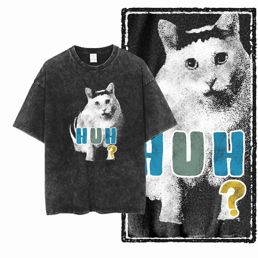 Washed Distressed Cotton Men Huh Cat Print T-Shirt Big Size Unique Men 
