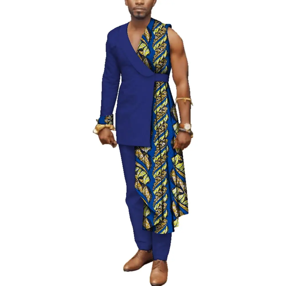 Men Bazin Riche Patchwork One-Shoulder Top and Pants Cotton 2 Pieces Pants Sets Special Custom Mens African Clothing WYN497