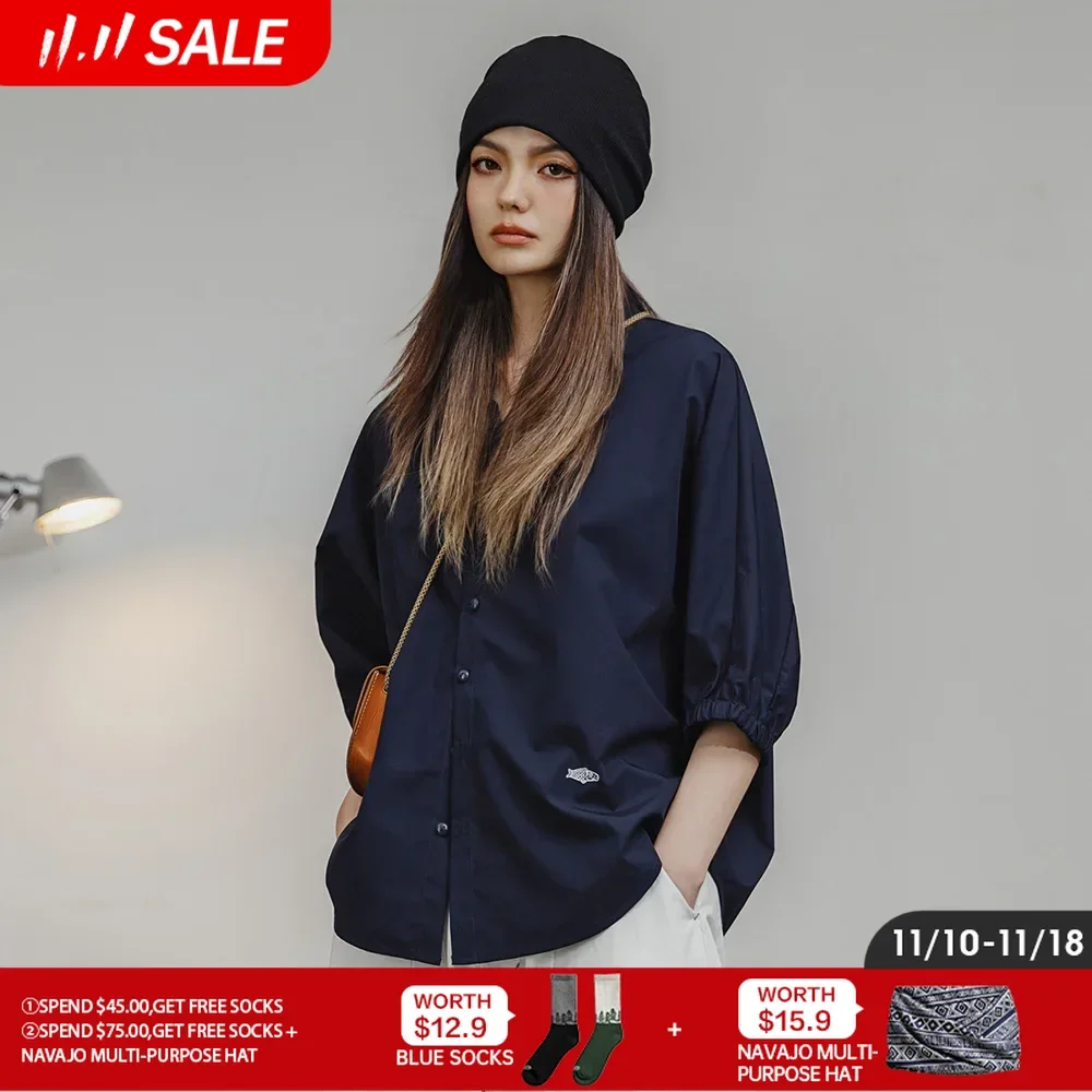 Maden 3/4-sleeved Shirt for Women Loose Blouse Batwing Sleeve Casual Breathable Stand Collar Tops Spring and Summer Blue Shirt