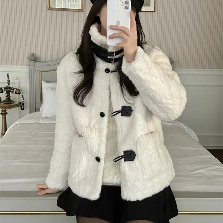 

Ladies Thiened Lamb Fur Collar Cotton Jaet Winter New Sle Chic Simple Soft Warm Stand Collar Furry Top Long Sve Coat
