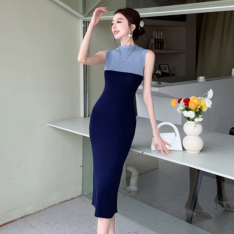 Women Bodycon Dress 2025 Summer Sexy Slim Knit Vest Pencil Dresses Sleeveless O-neck Color-blocked Korean Ladies Vestidos Mujer
