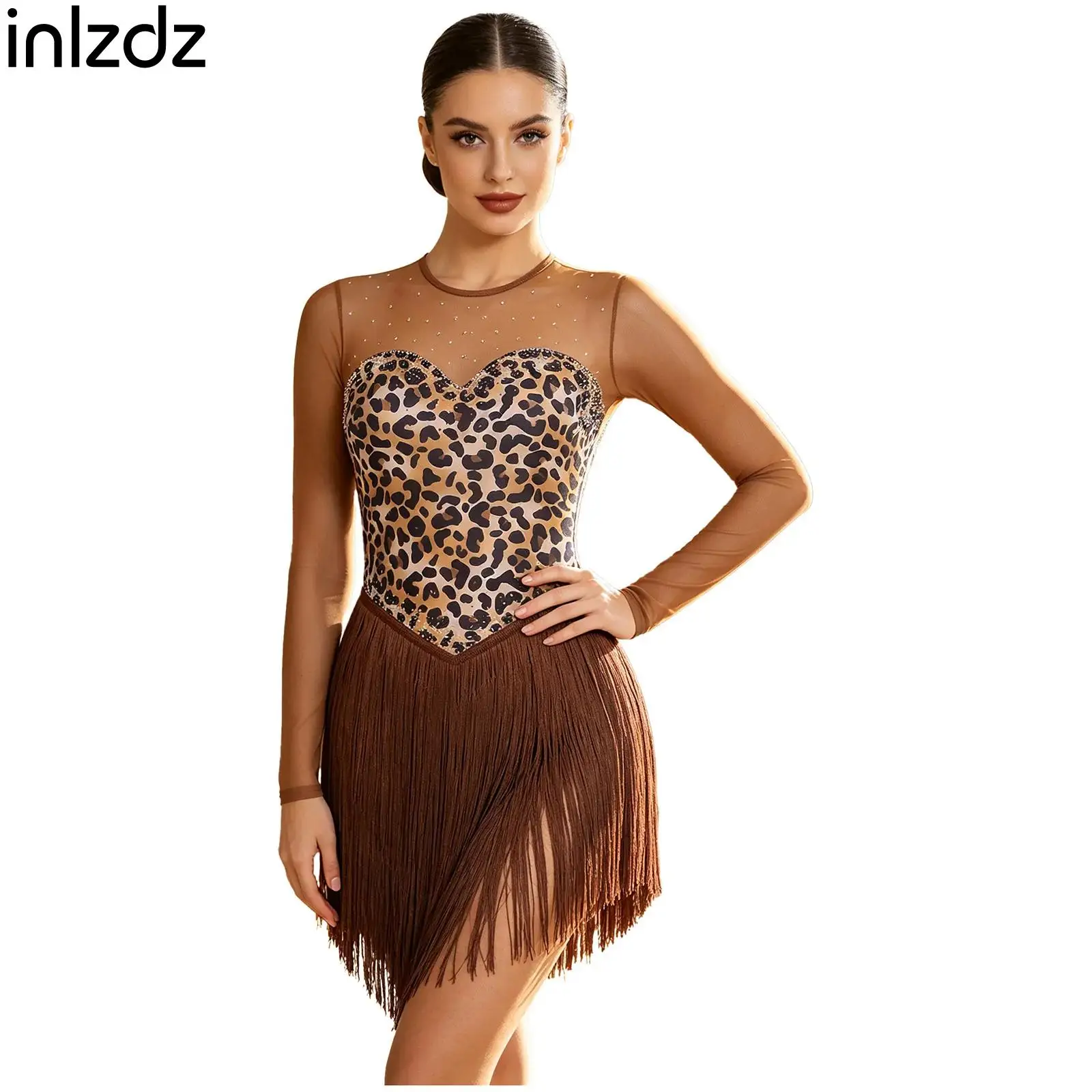 Women Long Sleeve Rhinestone Back Keyhole Tassel Bodysuit Latin Gymnastics Dance Leotard Costume for Halloween Cavewoman Cosplay