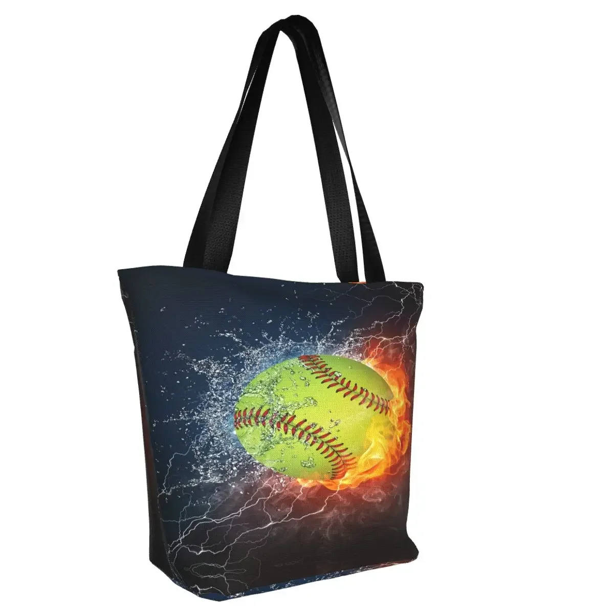 Cute Softball Ball Shopping Tote Bag Reusable Flame Baseball Canvas Groceries Shopper Shoulder Bag