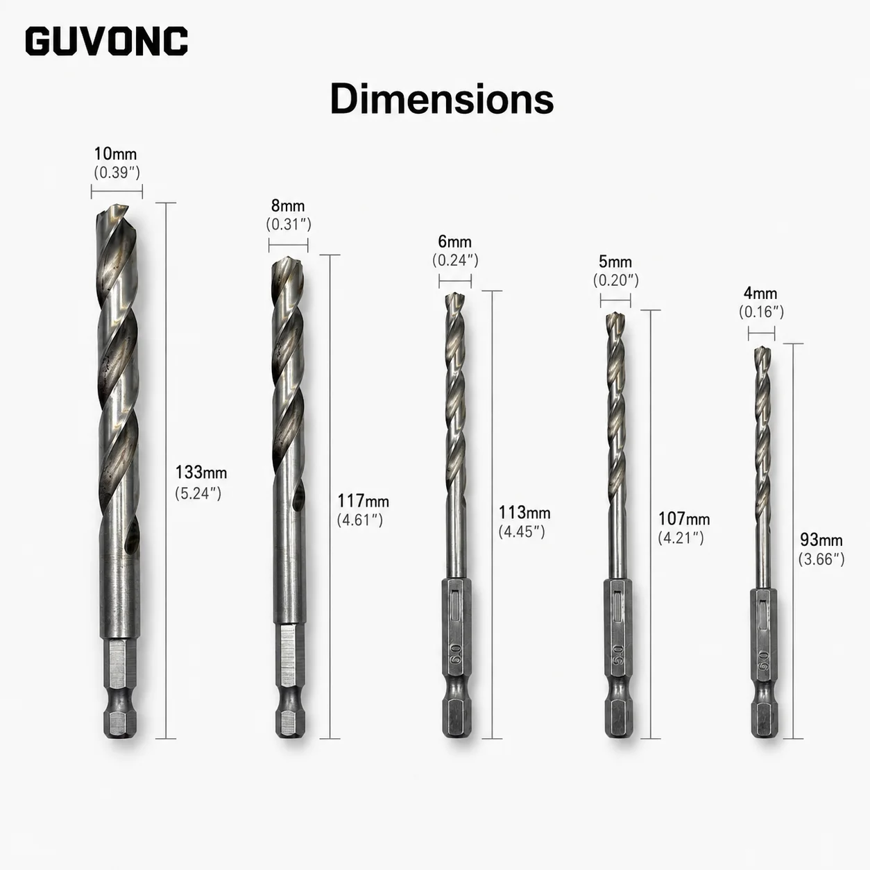 5pcsHSS Twist Drill Bit Set 4/5/6/8/10mm, Hex Shank Centering Drill Bits for Timber, Metal & Plastic