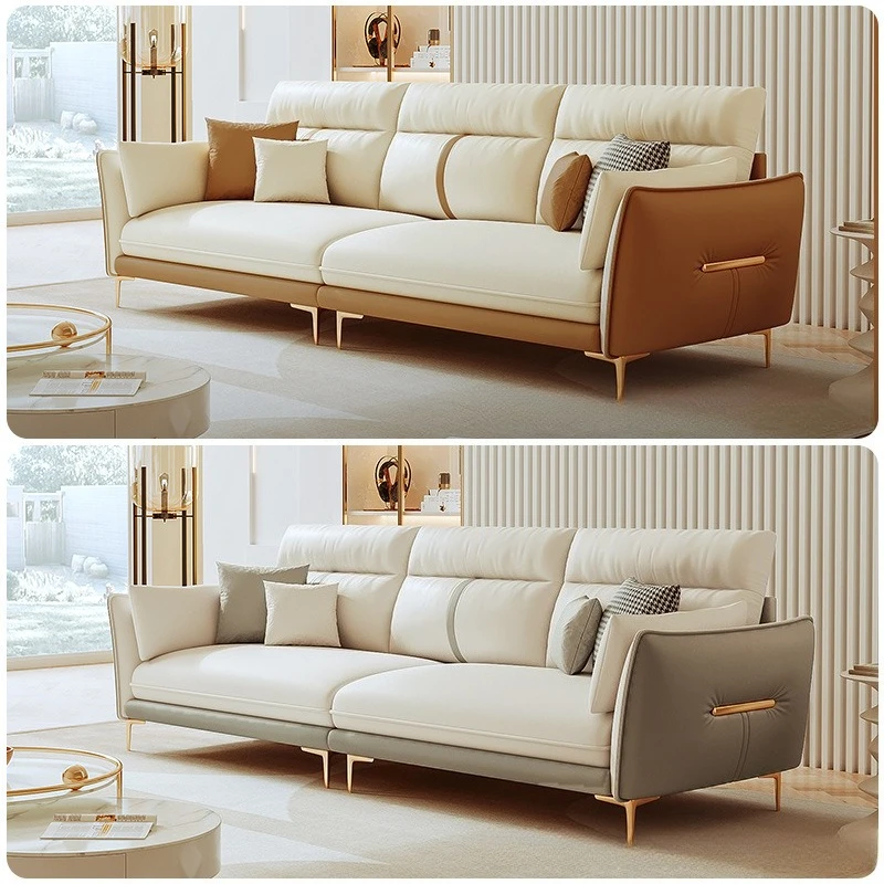 First-floor leather sofa, simple modern light luxury living room small apartment, three-seater color-block genuine leather sofa