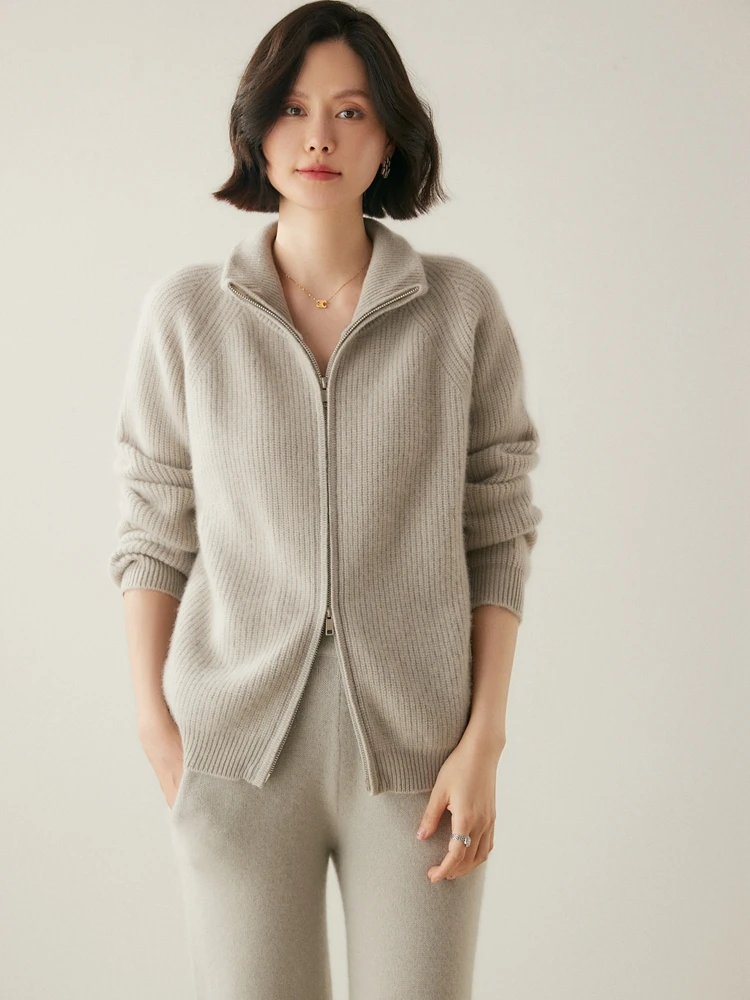 

100% Cashmere Cardigan Sweater Autumn Winter Women's Mock Neck Soild Doubble zipper Soft Comfort Thick Warm Kint Jacket Outwear