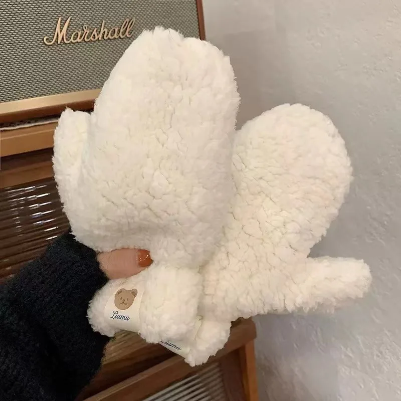 Cute Bear Soft Plush Gloves para mulheres, quente, engrossar, sem dedos, luvas, ao ar livre, guardas de mão, meninas, presentes de Natal, inverno