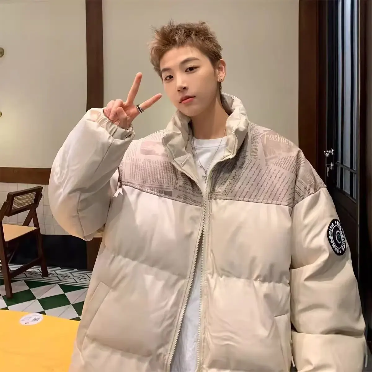 

Autumn Winter Large Size PU Leather down Jaet Men's Loose Thiened Puffy Coat Trendy Brand Couple's Bread Sle Outerwear