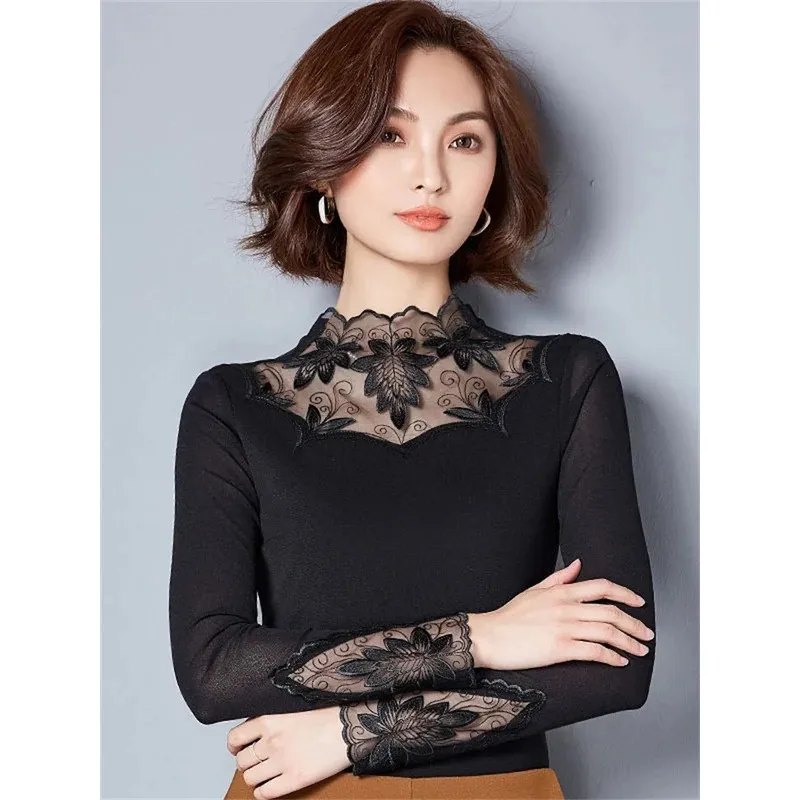 

Hollow Out Women Spring Autumn Style Lace Blouses Shirts Casual Long Sleeve Patchwork Spliced Turtleneck Blusas Tops