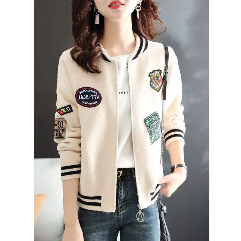 New Women's Fashion Label Short Baseball Jacket Loose Long Sleeved Jacket Pocket Small Top