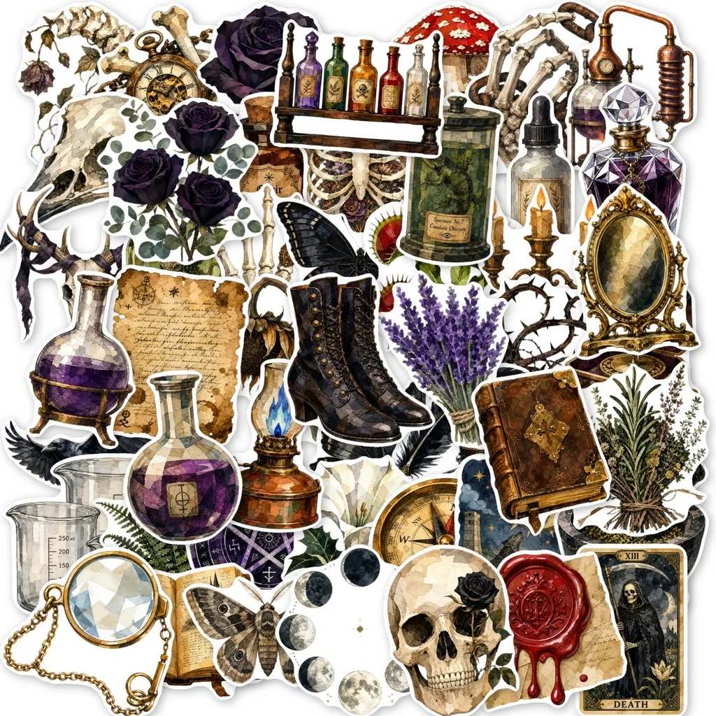 50Pcs Medieval Gothic Mysterious Sticker Pack, Vintage Old Page Poison Rose Moon Phase Pattern Decals Giajar Sticker Store