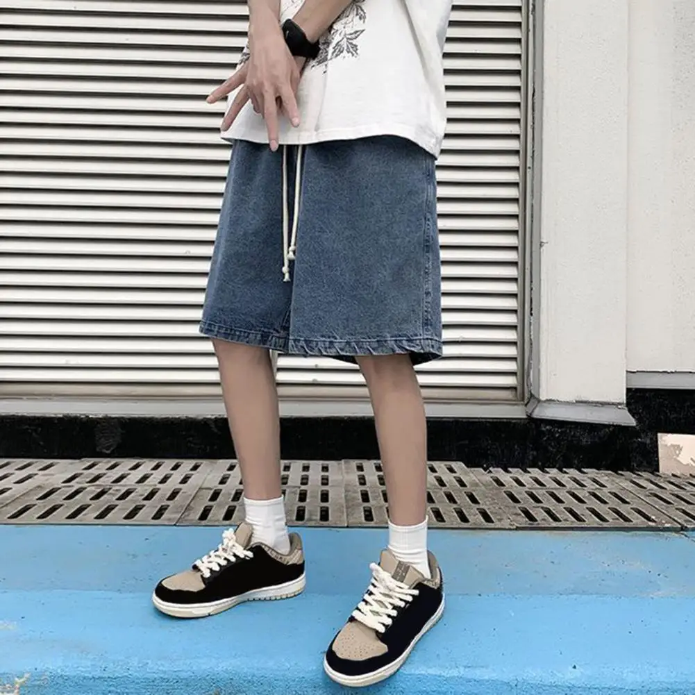 Knee-length Pants Men's Elastic Waistband Denim Shorts with Adjustable Drawstring Casual Loose Fit Wide Leg for Summer for Men