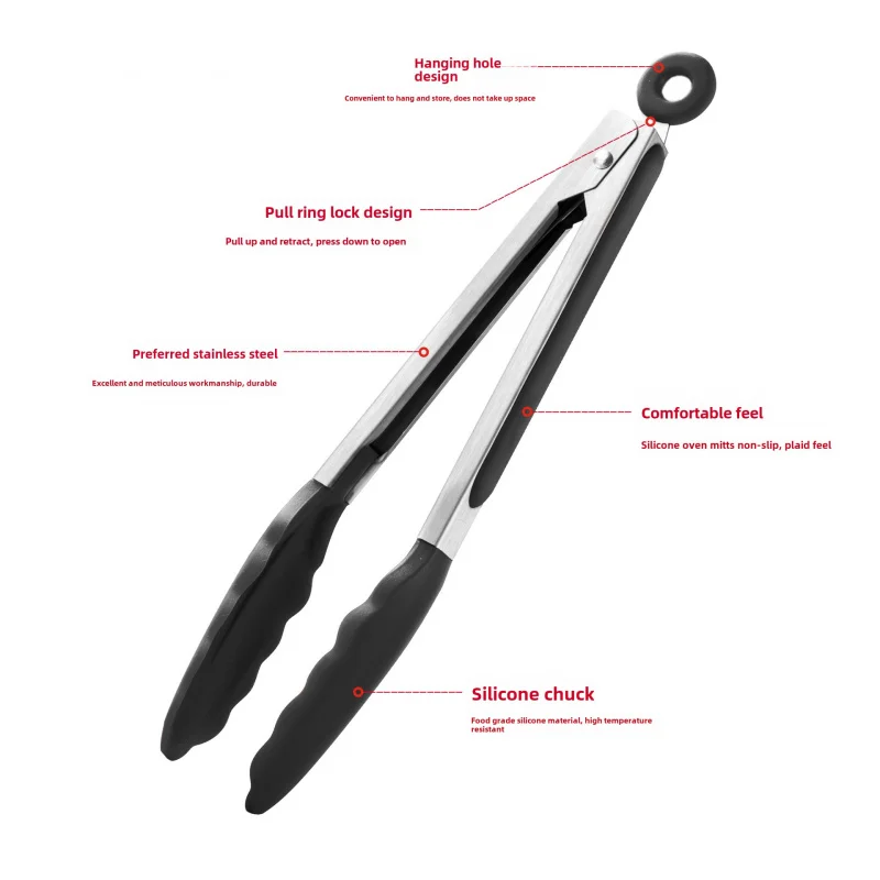 Stainless steel silicone food tongs tool, thickened heat-resistant kitchenware, barbecue tongs, grilled steak food tongs,
