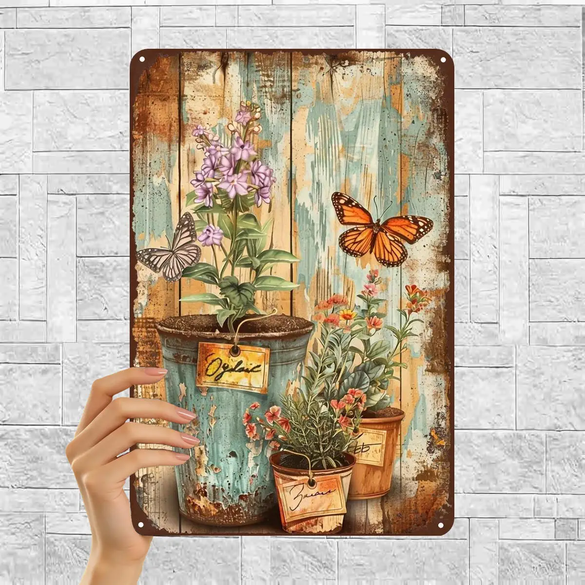 2D Flat 1pc, Rustic Metal Art Wall Decor - Vintage Flower Pots with Butterflies and Wildflowers Painting 20.32×30.48 cm,