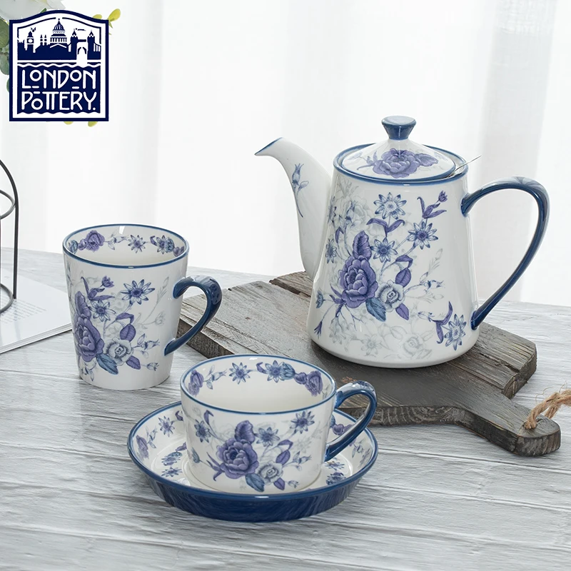 LondonPottery Blue Rose Range Afternoon Tea Set Ceramic Coffee Cup Saucer Sugar Jar Creamer Teapot with Infuser Mug Cake Stand