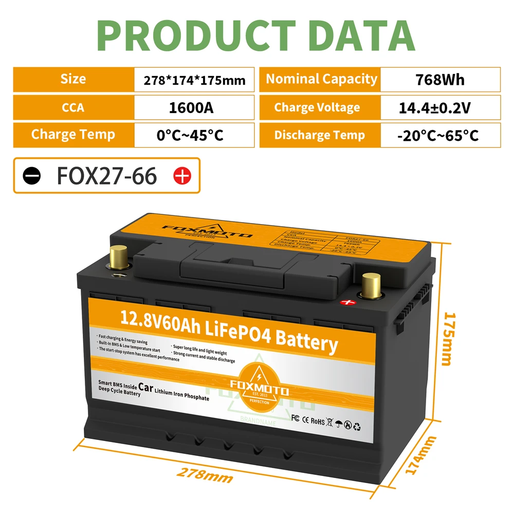 

FOX27-66 Car LiFePO4 battery 12.8V 768Wh CCA1600A With Jump Starter Protection Automobile 12.8V lithium battery LiFePO4 battery