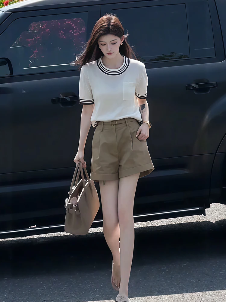 Khaki Short Pants Women's Casual Trousers High Waist Slimming Loose A-Line Wide Leg Pants Cuffed Hot Pants Summer New Arrival