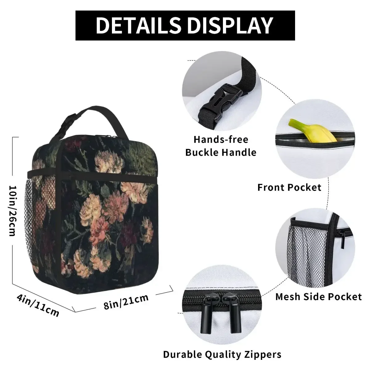 Hot Sale Vincent Van Gogh Pink Burgundy Flowers Ruffled Adult Lunch Bag Cruise Travel Snack Bag
