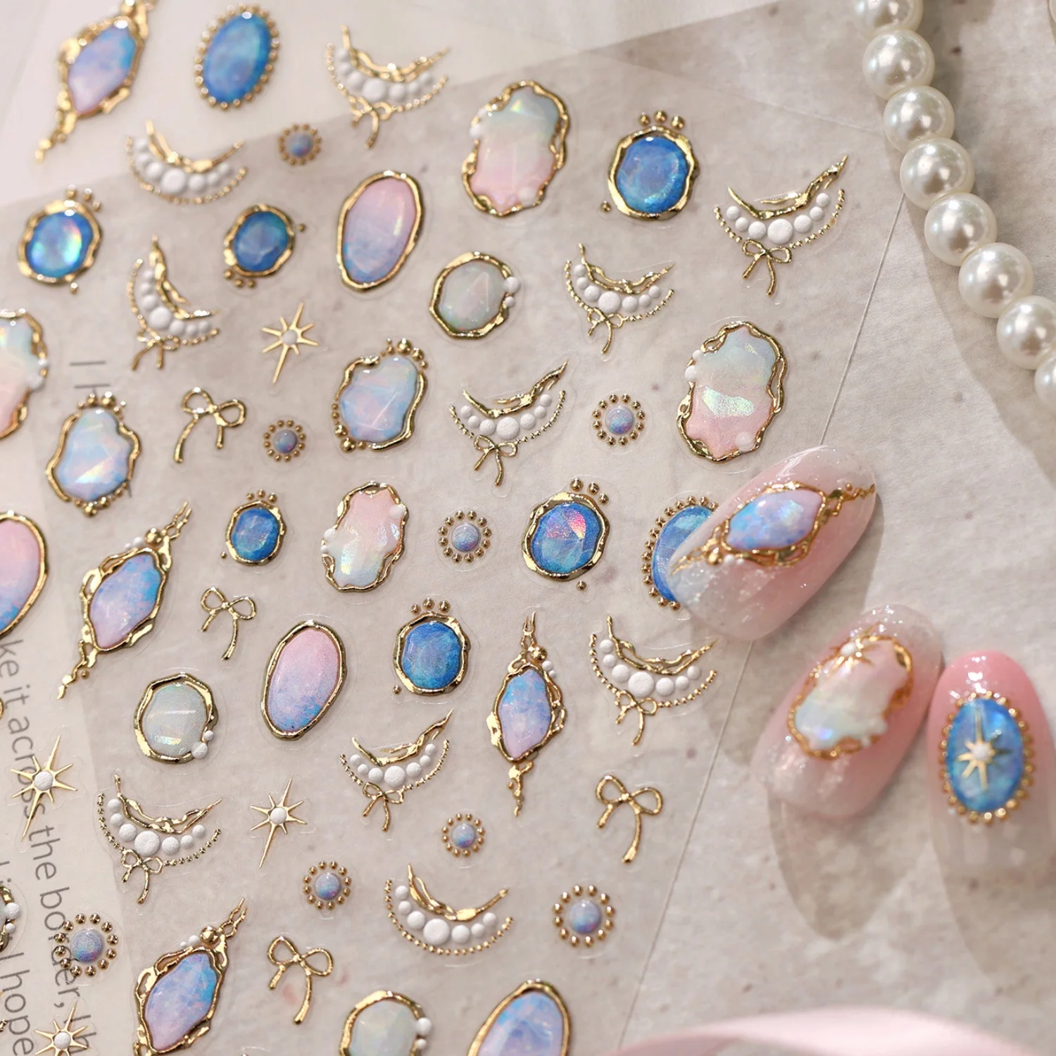 Gold Edge Oval Frame 5D Nail Stickers Iridescent Opal Moon Pearl String Bow Star Decal Self Adhesive Romantic Manicure Supplies