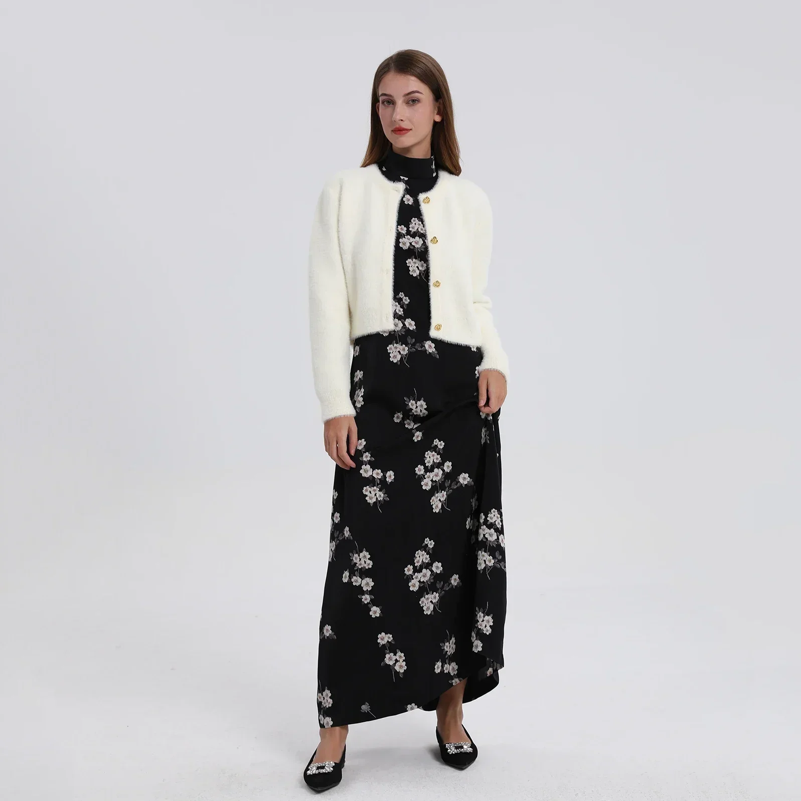 AP Floral Maxi Women Dress Satin 2024 Fall Women Dress Lady Clothes Long Sleeve Dress, #2008