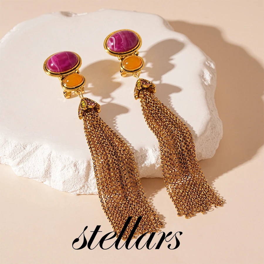 

Retro Color-Block Drip Oval Chain Tassel Earrings for Women Bold Stylish High-End Feel Silver Stud Jewelry Accessory